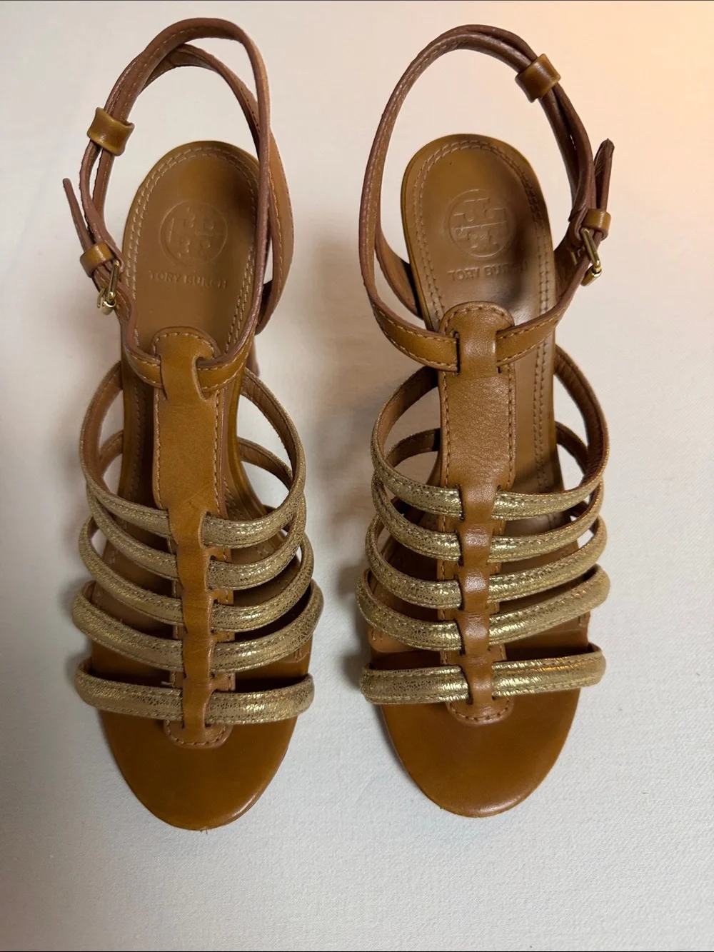 Tory Burch Tan Leather Sandal with Gold Straps